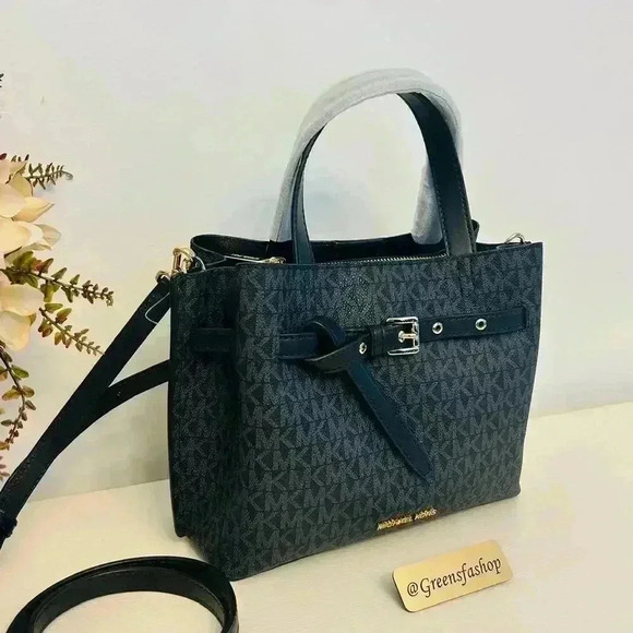 Michael Kors Emilia Small Satchel Crossbody Bag Black MK Signature - Picture 2 of 10